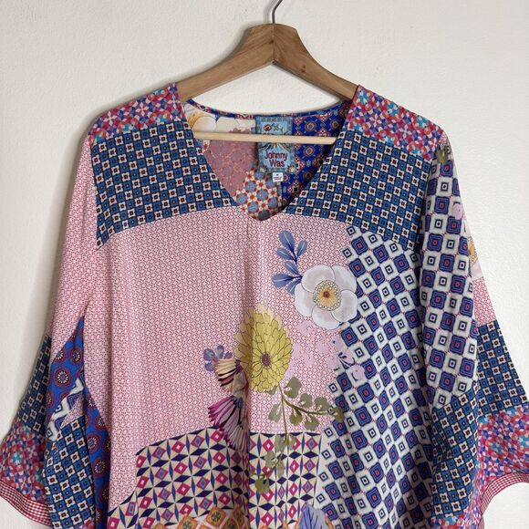 Johnny Was Silk Patchwork Floral Boho jade Tunic Top blouse colorful size medium - Picture 2 of 10